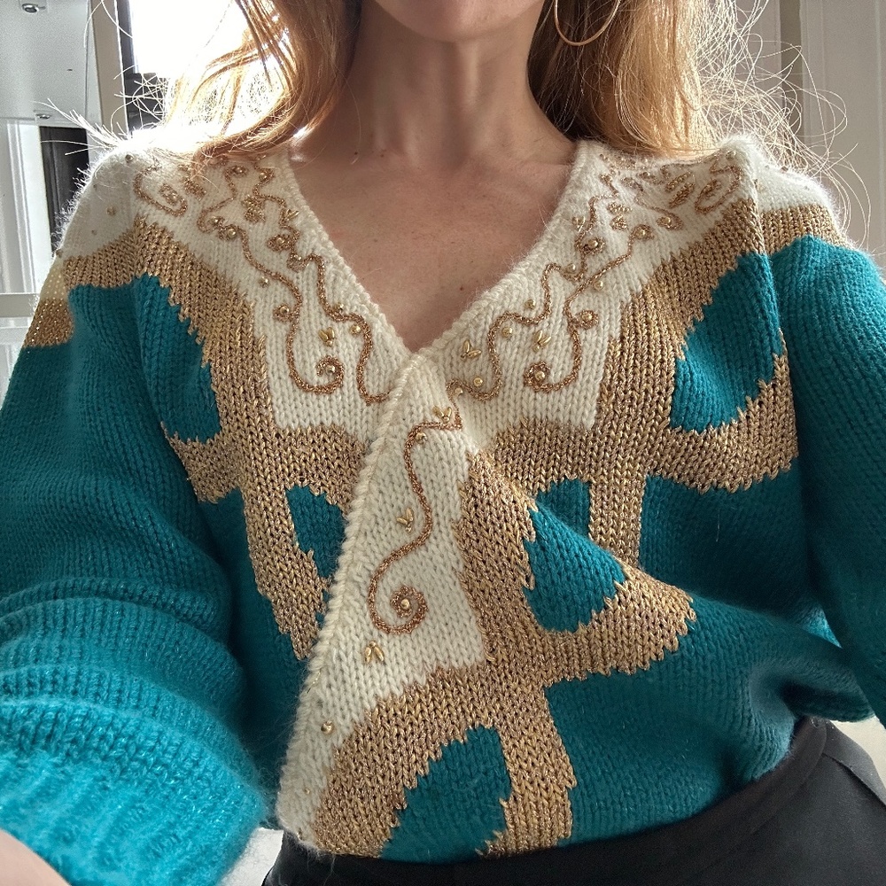 Vintage Dana Scott Teal, Gold, and Cream Beaded Sweater